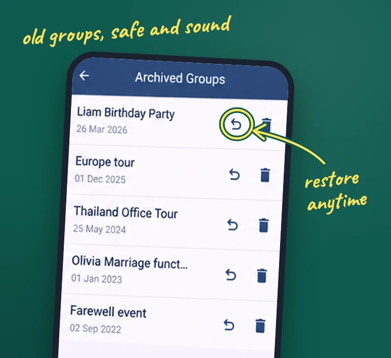 WeXpense Archive feature showing organized archived groups on mobile