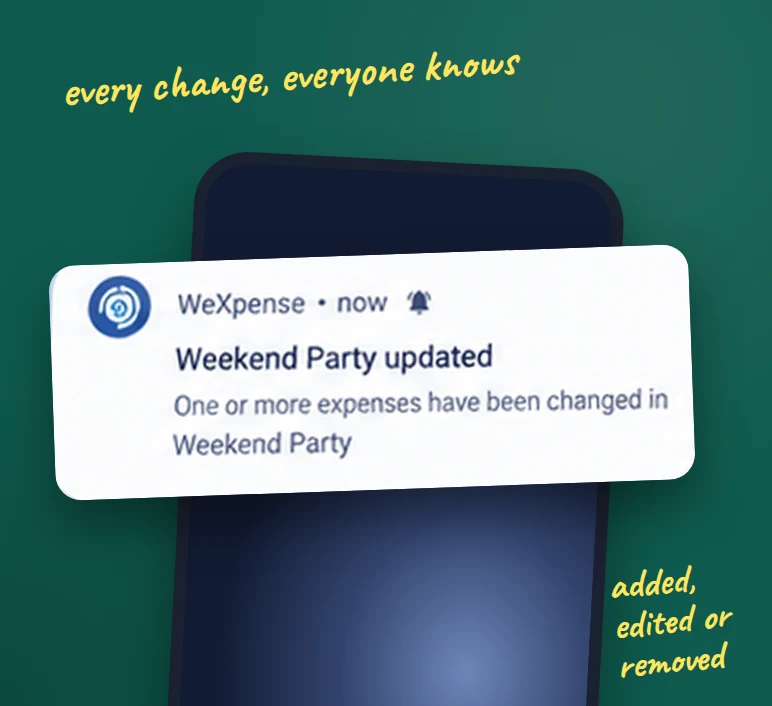 WeXpense Notifications feature showing real-time group updates on mobile